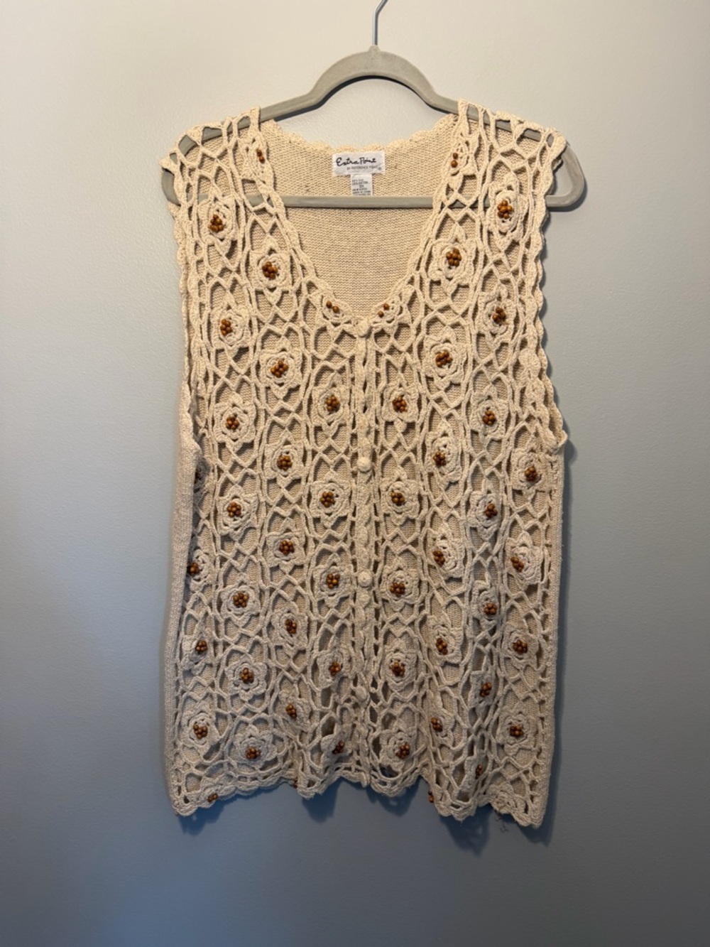 Crochet Floral Sleeveless Knit Top - Cream with Brown Accents